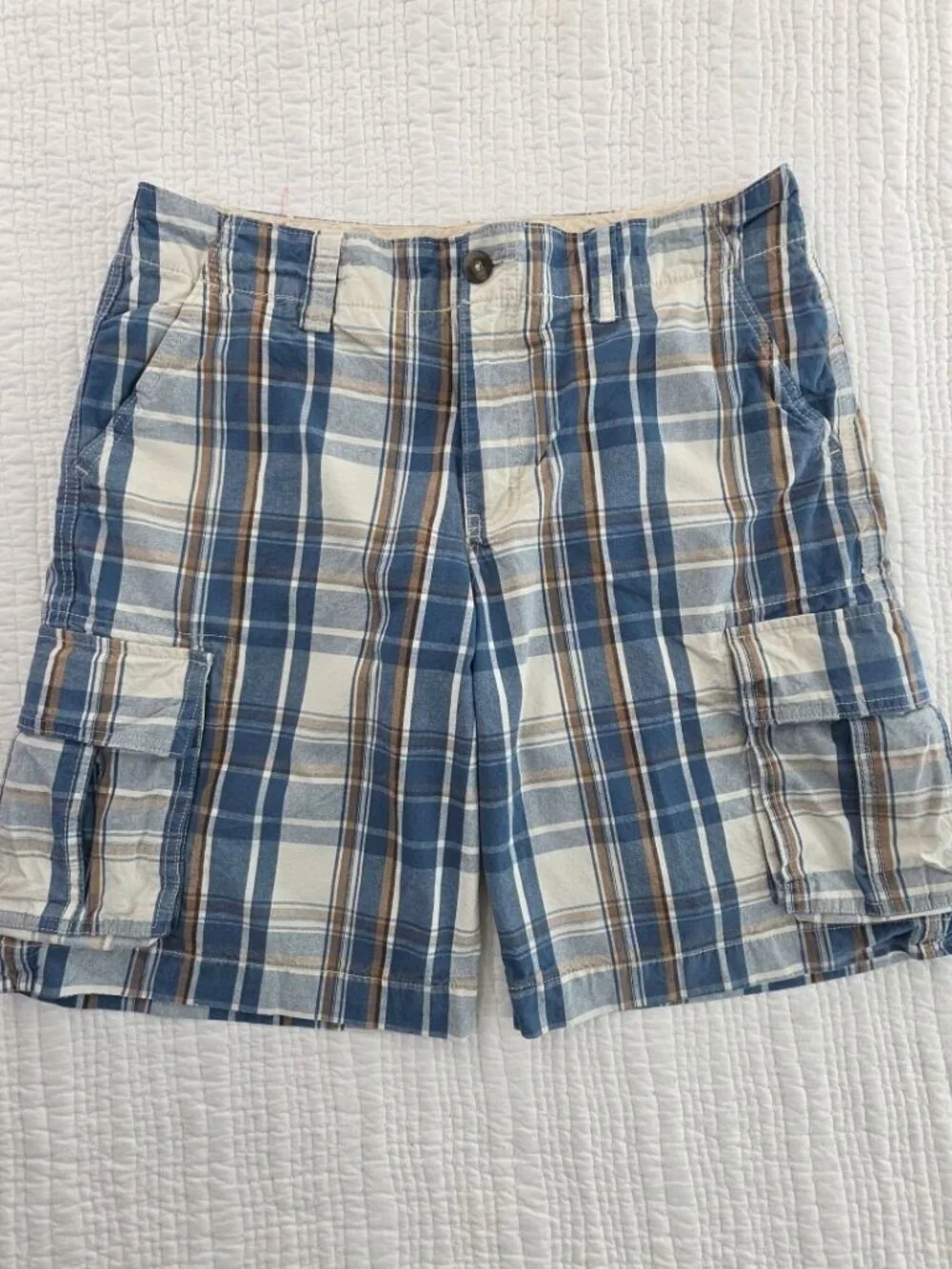 Mossimo Supply Cargo Shorts Mens 34 Blue Plaid 100% Cotton 6 Pockets 10